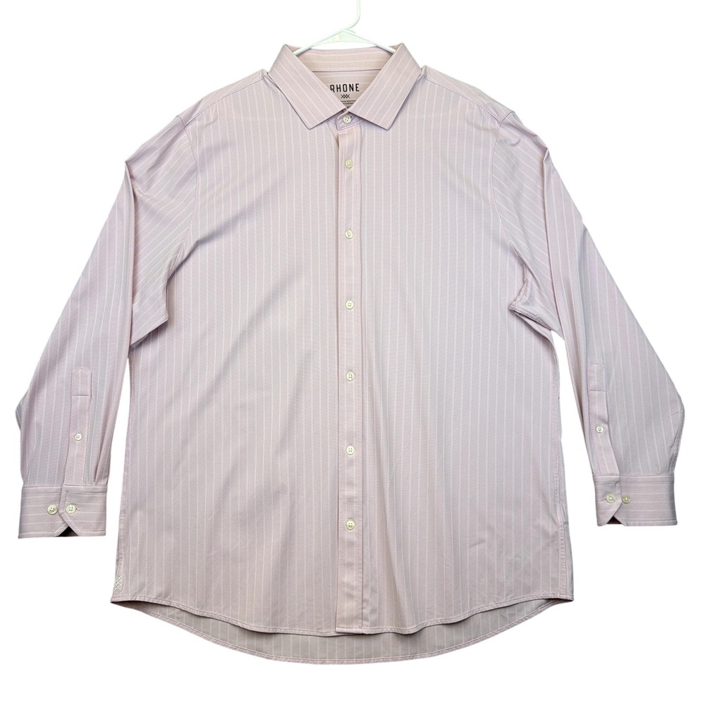 Rhone Dress Shirt Mens 2XL‎ Pink Stripe Slim Fit Stretch Long Sleeve Button Down